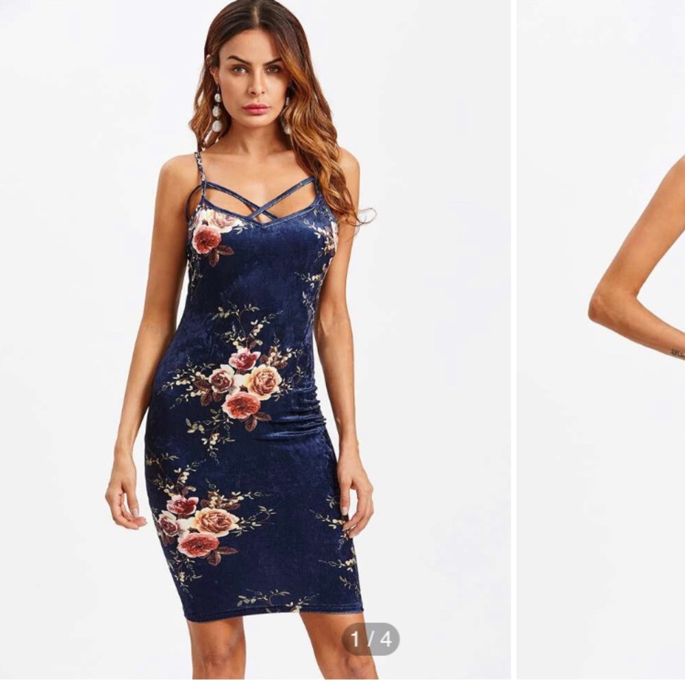 Crisscross front floral crushed velvet cami dress